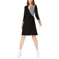 thumbnail image 1 of I-N-C Womens Mixed-Media Faux-Wrap A-line Dress, Black, Large, 1 of 3
