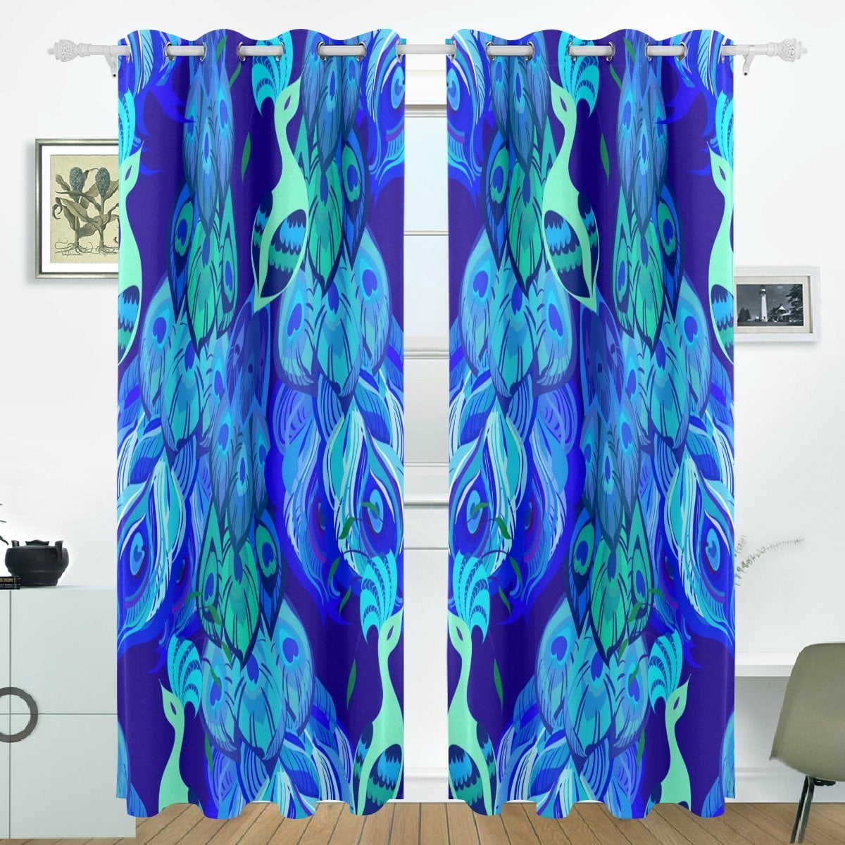 POPCreation Blue Peacock Feathers Abstract Pattern Window Curtain