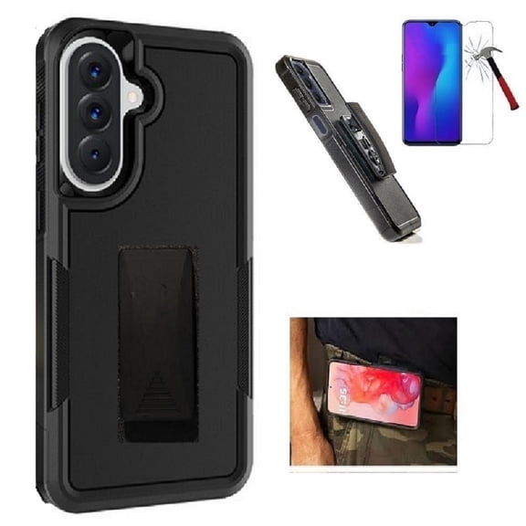 Phone Case for Samsung Galaxy A57 5G, Black Shockproof 360° Rotating Belt Clip Case Cover with Kickstand Tempered Glass