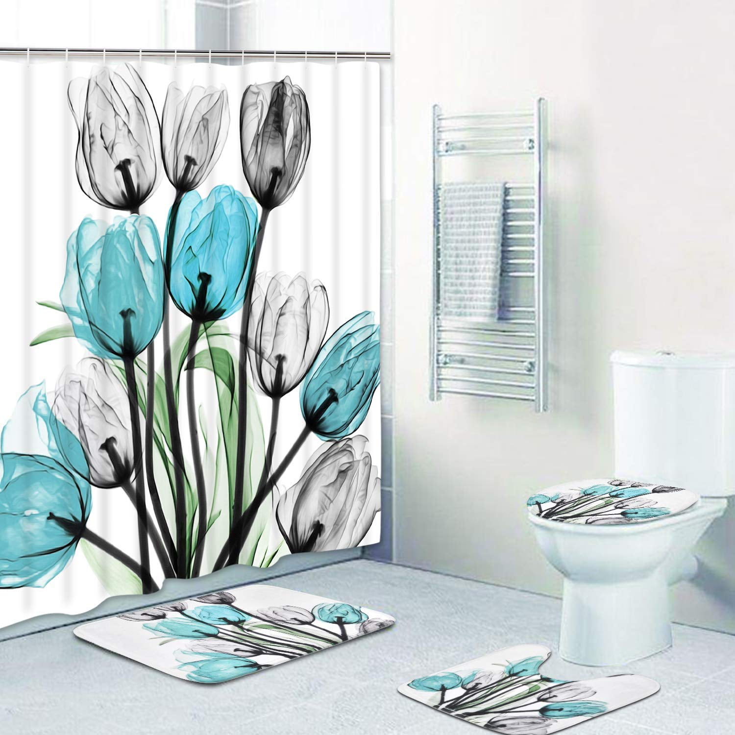 "Happyline" 4 Pcs Tulip Flowers Shower Curtain Sets with NonSlip Rugs
