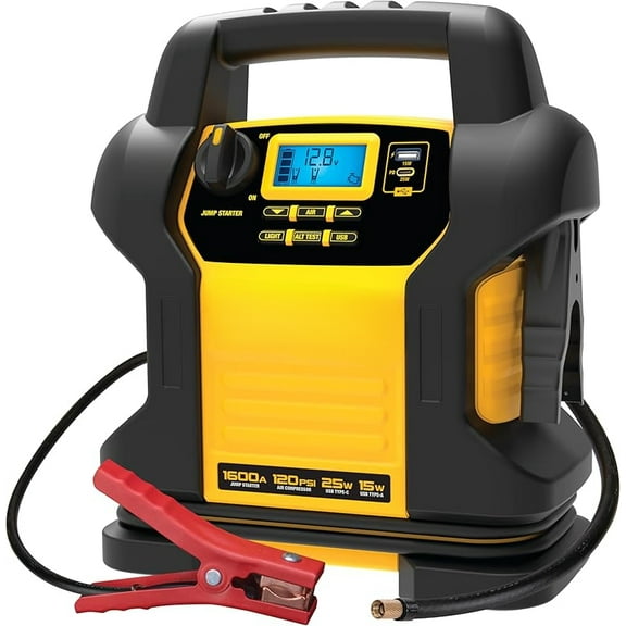 DXAEJ14 Digital Portable Power Station Jump Starter - 1600 Peak Amps with 120 PSI Compressor, 15W USB-A and 25W USB-C Power for Electronic Devices