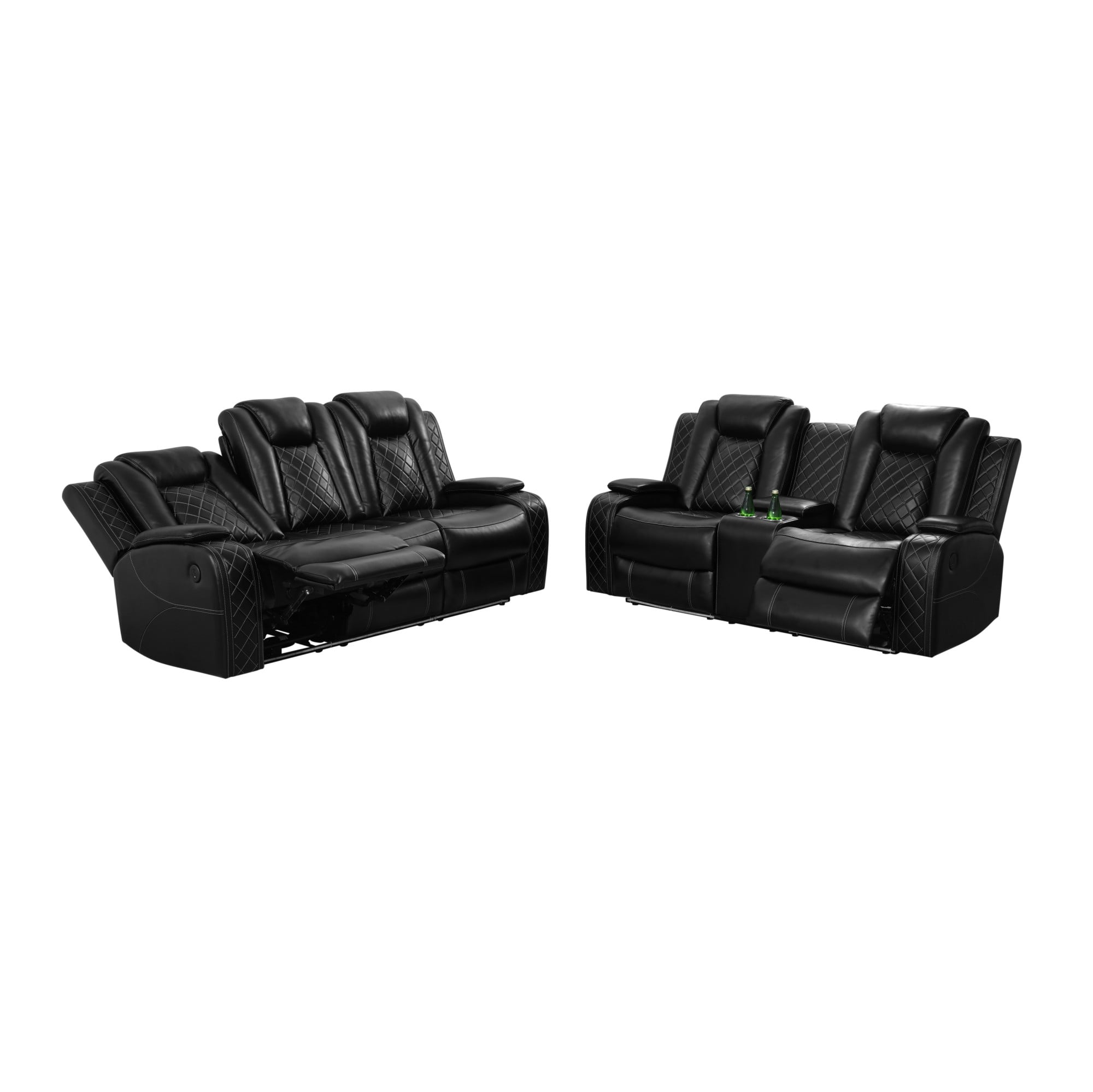 Gewnee Black 2-Piece Multifunctional Smart Sofa with Console & Cup Holders, Solid Wood Frame, Double-Layer Springs and Air Leather