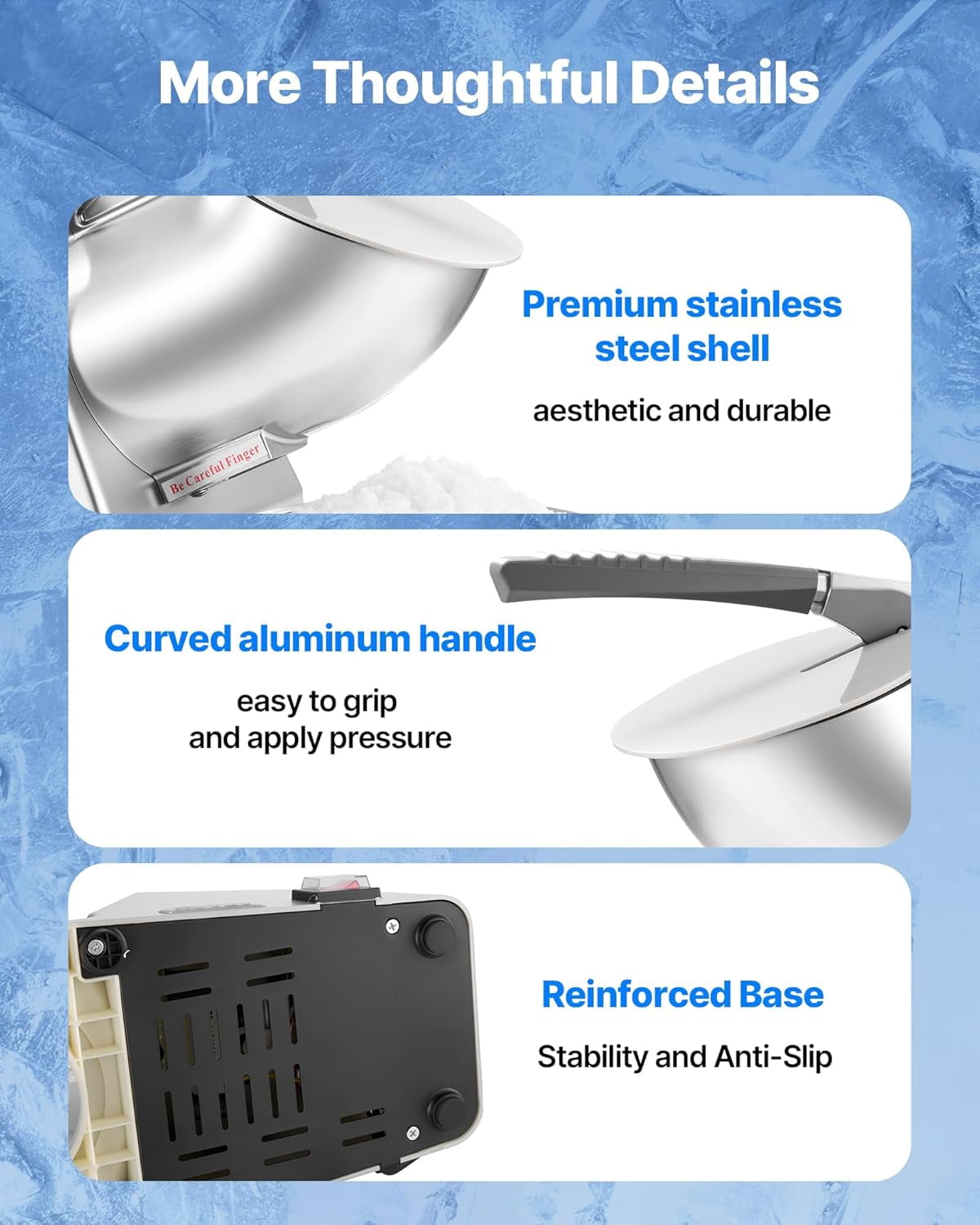 Ice Crusher , 143lbs Per Hour Electric 2 Blades Snow Cone Maker, Stainless Steel Shaved Ice  with Bowl and Cover, 300W 2000RPM Ice-Shaver for Home and Commercial Use, Silver