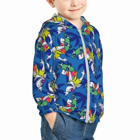 

Uemuo Sharks Skateboarding With Palm Pattern Rash Guard for Boys Girls Long Sleeve Swim Shirts UPF 50+ UV Sun Protection Hooded Fishing Shirt with Pocket for Kid-18 Months