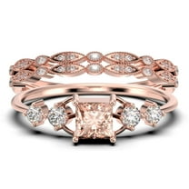 Anniversary Ring Minimalist 1.75 Carat Princess Cut Morganite And Diamond Moissanite Engagement Ring, Dainty Wedding Ring in 10k Solid Rose Gold, Gift For Her, Promise Ring, Trio Set, Matching Band