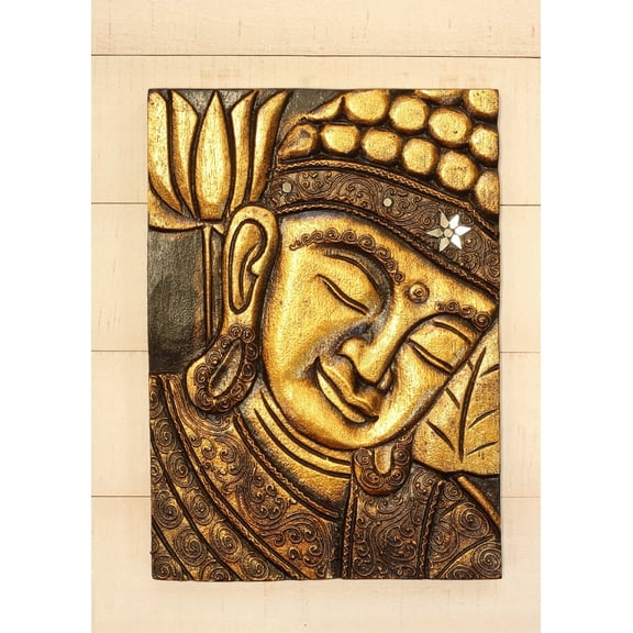 16" Gold Buddha Wall Panel – Hand Carved Decorative Wood Relief, Zen Spiritual Wall Art