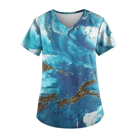 

Hanas Tops Plus Size Printed Scrub Working Uniform Tops For Women V-Neck Short Sleeve T-Shirts Workwear Tee With Pockets Blue/L
