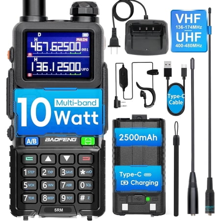 BAOFENG 5RM Ham Radio 10W High Power, Long Range Walkie Talkies Handheld NOAA Emergency Weather Radio, 999CH, USB-C 2500mAh Battery, 6.1" &15.12" 771 Antenna for Survival Gear Hunting Camping -1 Pack