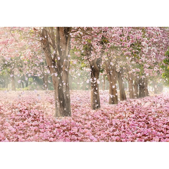 BSDHOME Polyester 7x5ft Pink Flowers Photography Backdrops Spring Nature Park Tree Background for Wedding Shooting