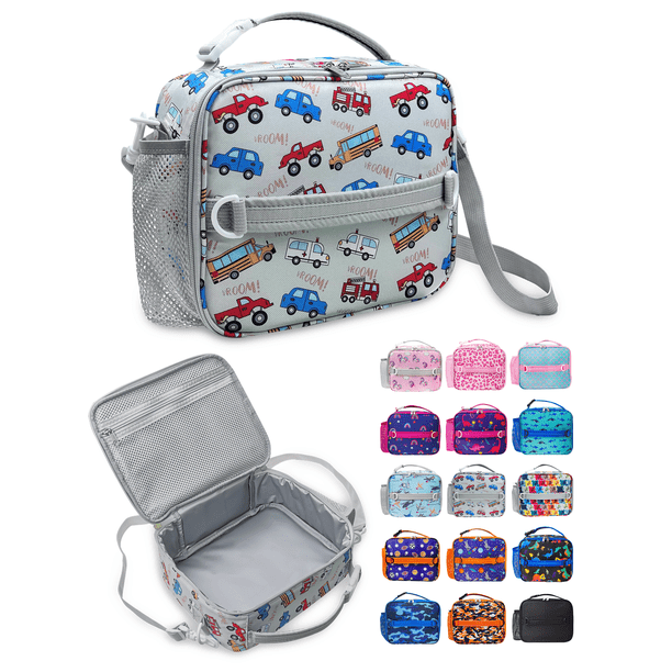 Bolsa de Almuerzo ComfiTime para Niños Lonchera Térmica Reutilizable con Bolsillos Portabotellas Asas Acolchadas y Correa para el Hombro Automóviles Grises