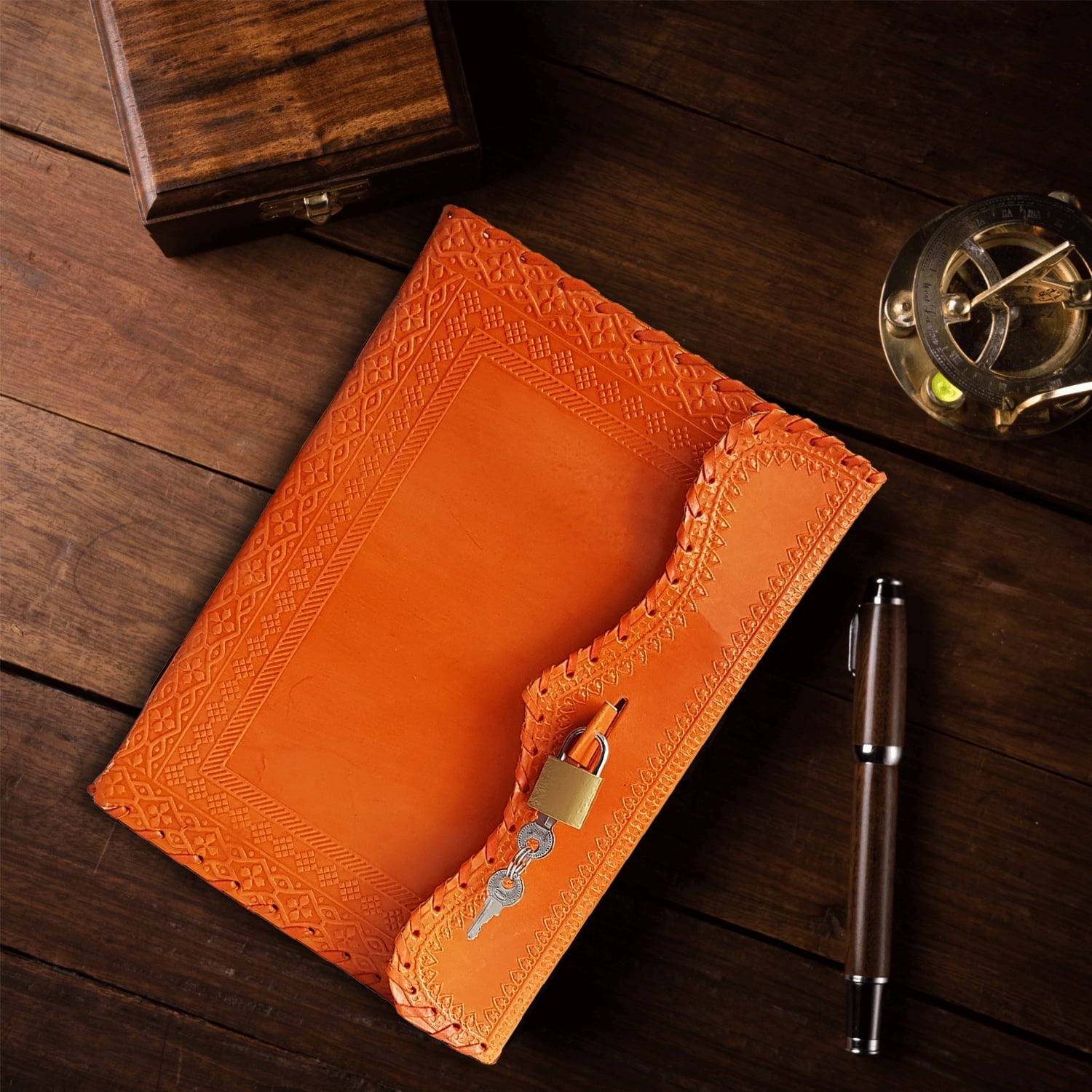 Jaald 10" Leather Journal Blank Notebook Handmade Travel Diary with Lock Writing Bullet Journal Christmas Gift Orange Sketchbook for Artists
