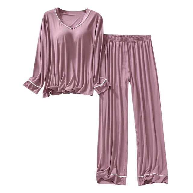 Chbgutlmr Ensemble Pyjama 2 Pcs pour Femmes Été Col en V Manches Longues Hauts Pantalons à Jambe Droite Tenues d'Intérieur Douces