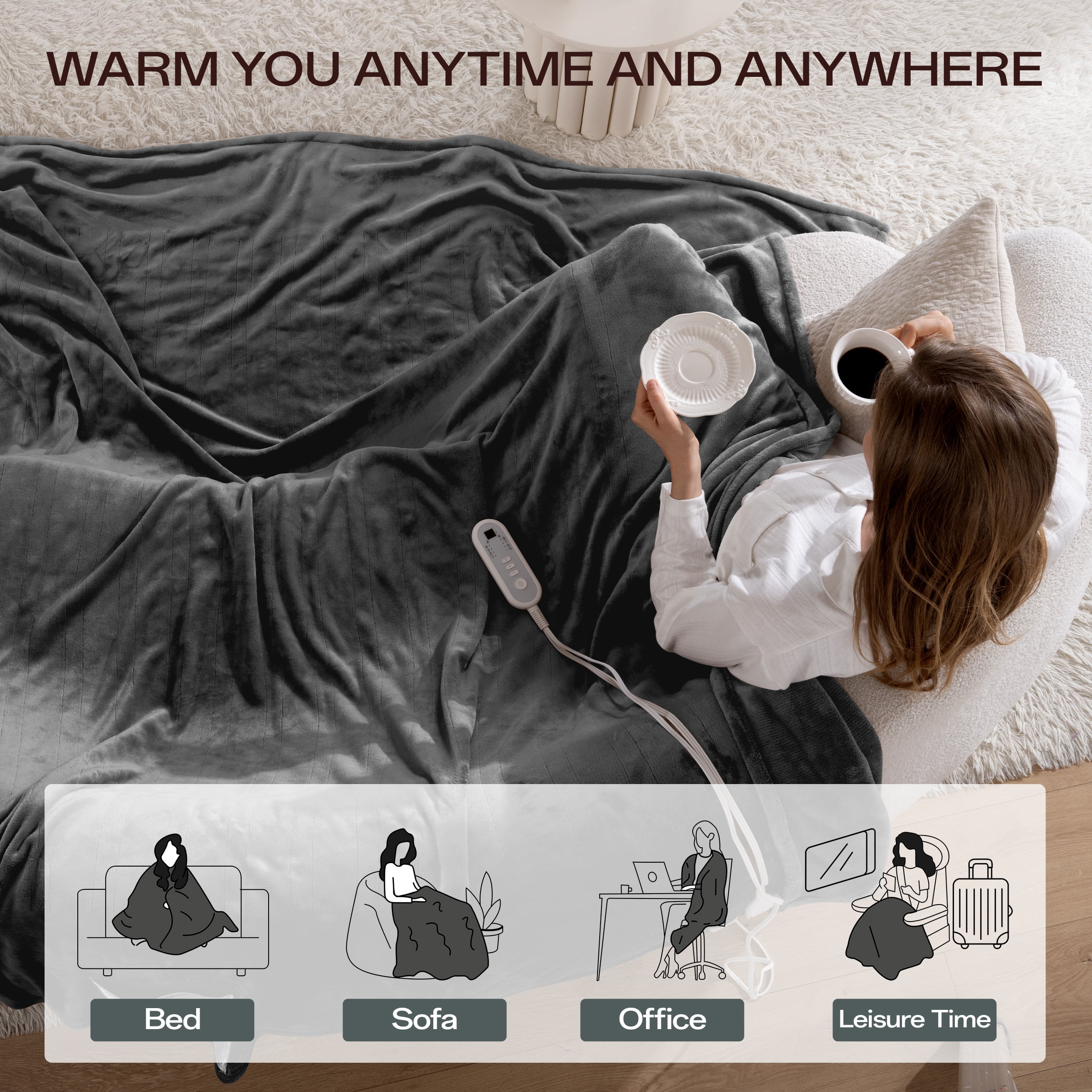 ELEKA Heated Blanket Electric,62" x 84"， Heated Throw Blanket with 8 Heating Levels & 10 Hours Auto Off，Dark Gray