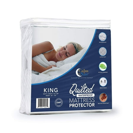 CALM NITE Waterproof Quilted Mattress Protector King Size Ultra-Soft, Breathable Bed Cover  Moisture-Wicking Polyester Fabric  Natural Hypoallergenic Sweat & Bed Bug Resistant