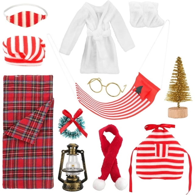12 PCS Elf Accessories, Sleeping Bag Set with Christmas Plaid Sleeping Bag, White Bathrobe, Glass, Apron, The Shelf Kit for Elf Doll Decorations