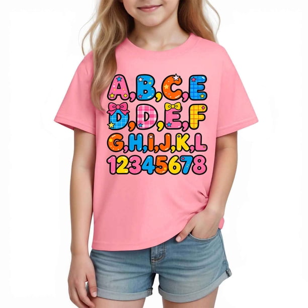 Camiseta Gráfica de la Temporada de la Escuela de las Niñas de los Niños de Manga Corta, Linda Impresión de la Camiseta Casual para los Niños 3-10 Años de Uso Diario