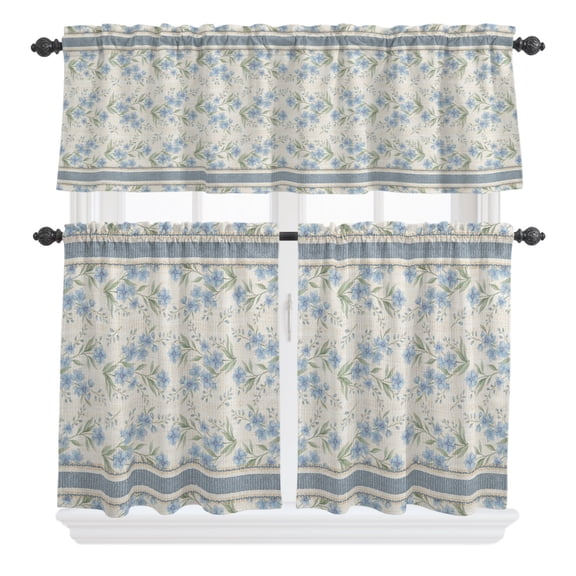 3 Pieces Kitchen Curtains and Valances Set Tier Curtains Blue Wildflowers Short Curtain Rod Pocket Window Curtain Panels Woven Linen Stripes (Single Panel 54"x18",2 Tiers 24"x36")