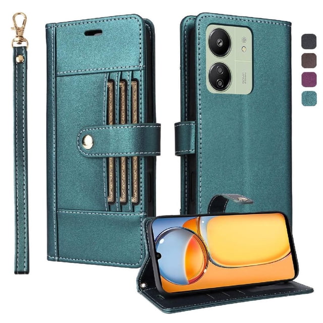 FOXDOCK Funda tipo Cartera para Xiaomi POCO C65 – Cubierta de Cuero PU con Múltiples Ranuras, Bolsillo para Efectivo y Correa de Muñeca