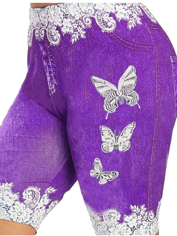 Butterfly Print Women KneeLength Denim Pants Slim Leggings