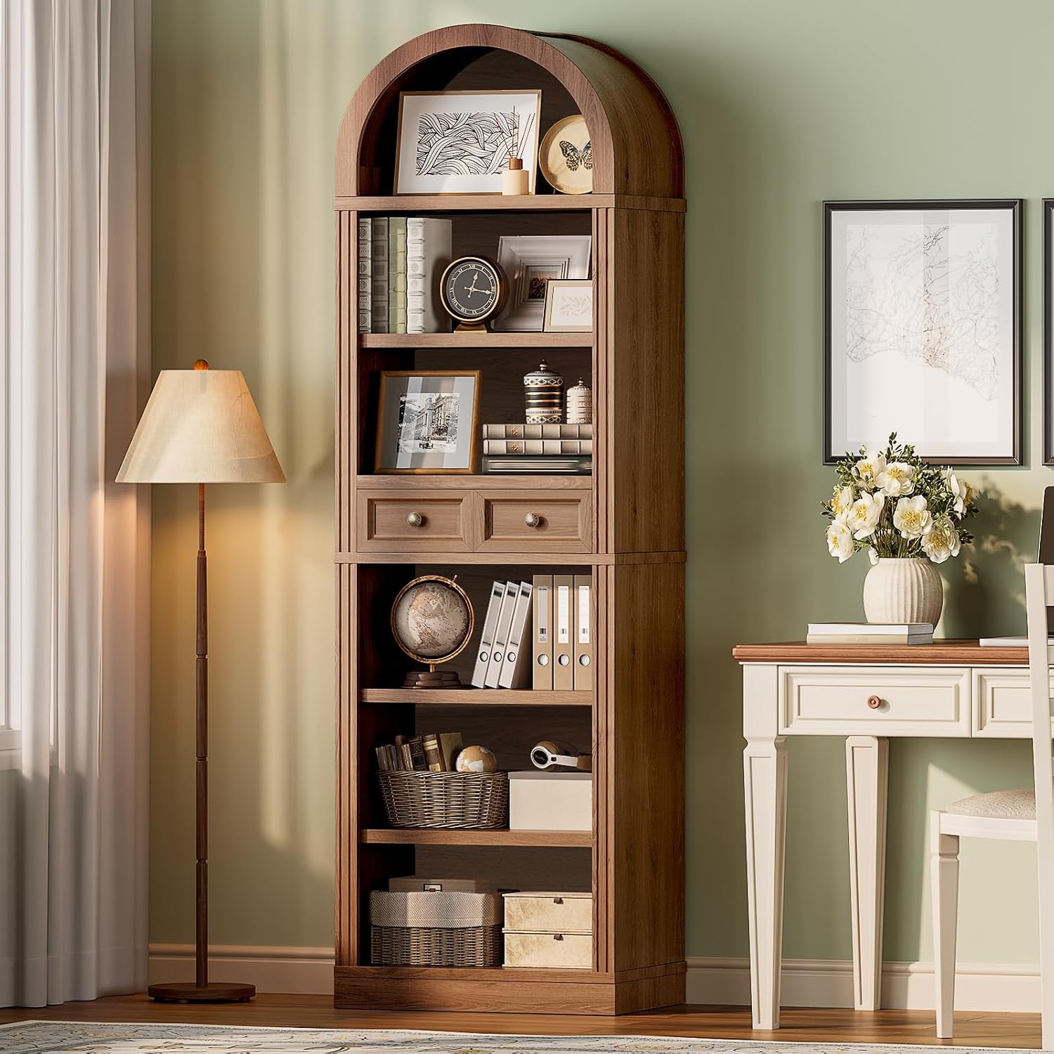 Arched Bookshelf 73 Tall Narrow Arch Bookcase with Drawer 6-Tier Farmhouse Book Shelf Wooden Bookshelf with Open Display Shelves for Living Room Office Adjustable Shelf Walnut