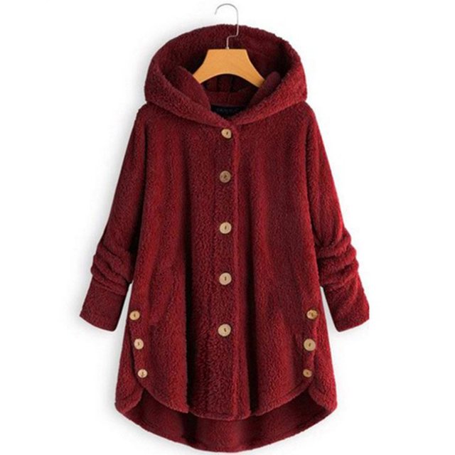 Women Plus Size Button Plush Tops Hooded Loose Cardigan Wool Coat Winter Jacket
