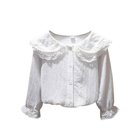 

Tradecan Girls Blouse Ruffle Long Sleeve Button Down Shirts Princess Cotton Loose Soft Tops Spring and Summer 1-8Y