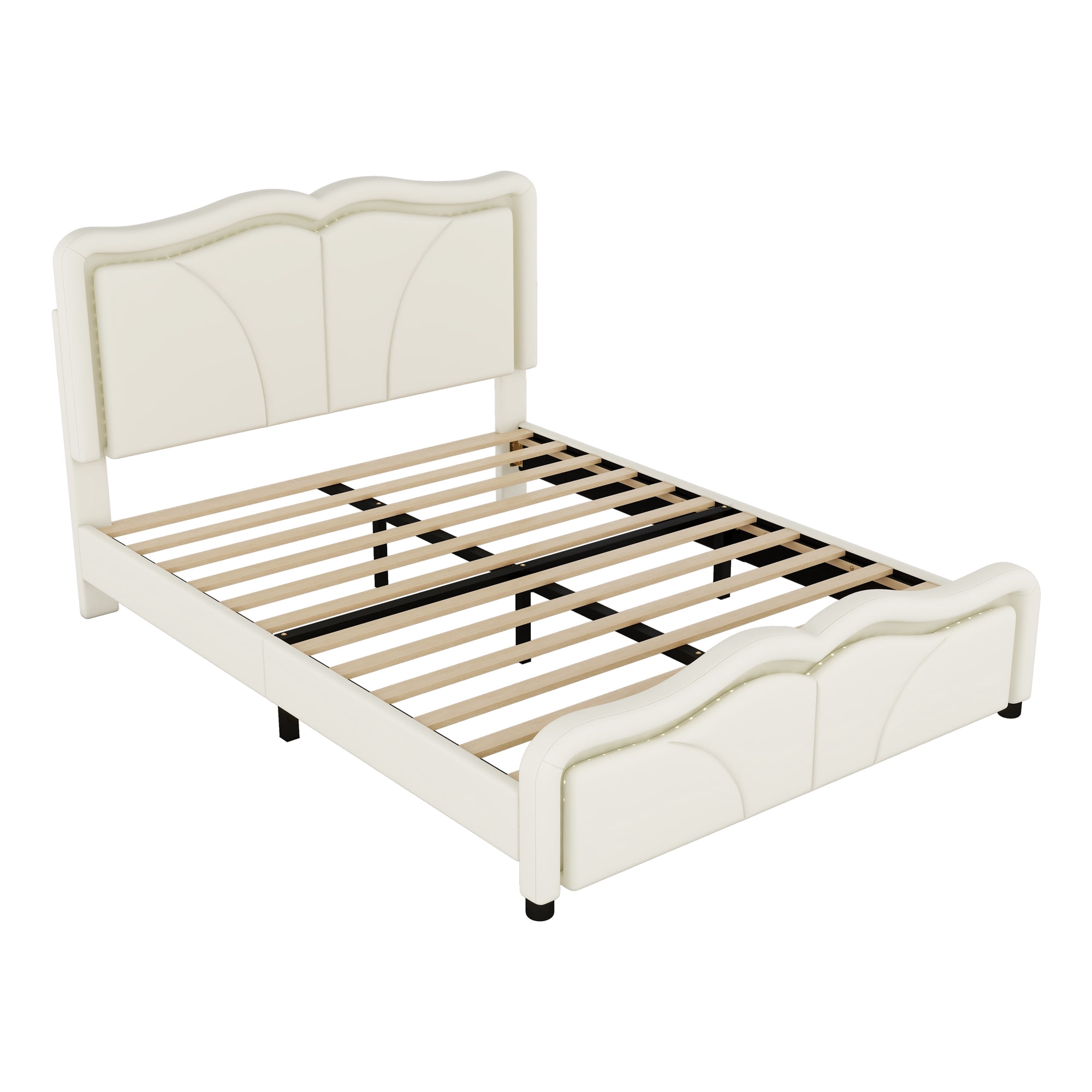 EUROCO Upholstered Full Platform Bed, Cartoon Bed with Adjustable Headboard and LED Light for Toddler Kids Teens Adults, No Box Spring Needed, Beige