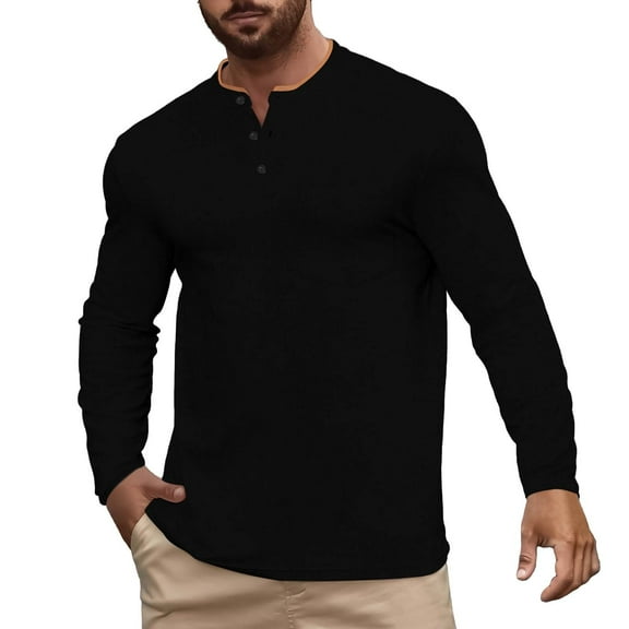 KAUOD Men's Contrast Color Henley T-Shirt Long Sleeve Classic Henley Shirt Buttons Crewneck Pullover Top with Pocket Sweatshirt