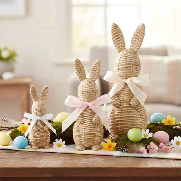 Easter Bunny Table Decor - 3 Pcs Rattan Style Rabbit Statue with Bow Spring Home Decor for Indoor Outdoor Garden Patio Farmhouse Decoration