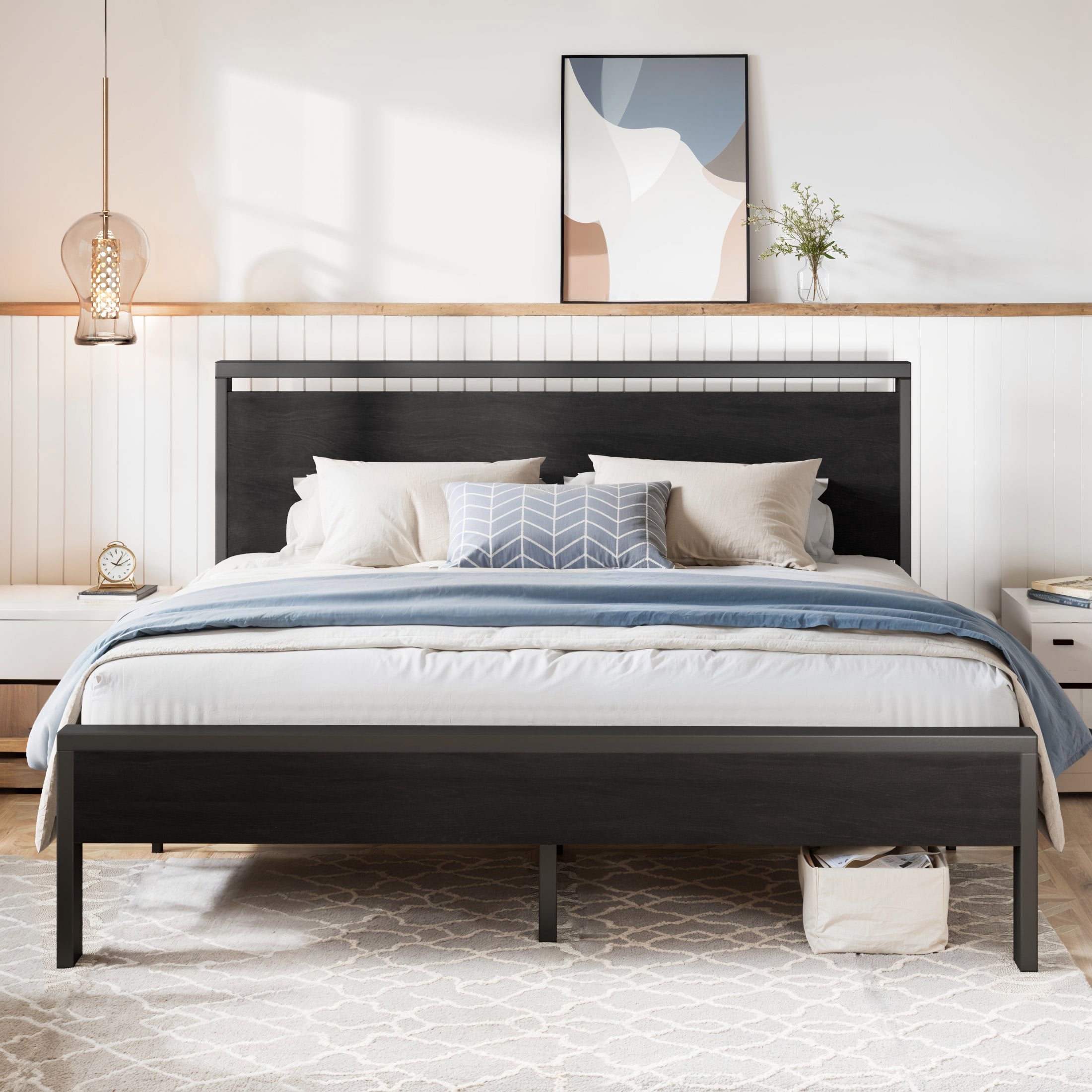 Amolife King Size Bed Frame, Heavy Duty Metal Platform Bed with Wooden Headboard & Footboard, Black Oak, Adult