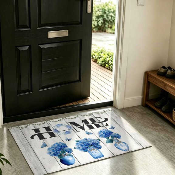 Front Door Mat Indoor Outdoor Home Words on Farm Wood Non-Slip Doormat Low Profile Patio Porch Entryway Rug 16x24in Blue Flowers in Bottle