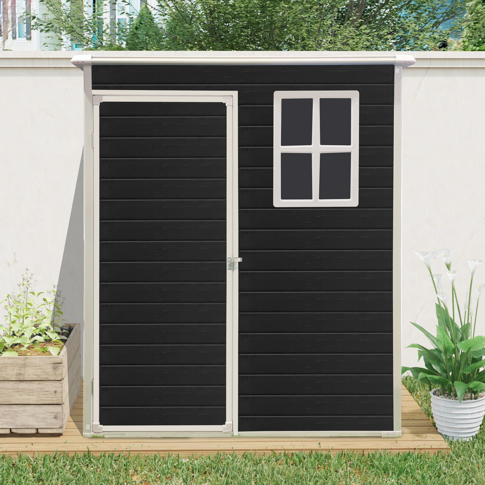 Alvantor 5 x 3 Ft Resin Storage Shed with Floor Outdoor Waterproof Garden Shed with Window and Lockable Door for Backyard, Garden, Patio Black
