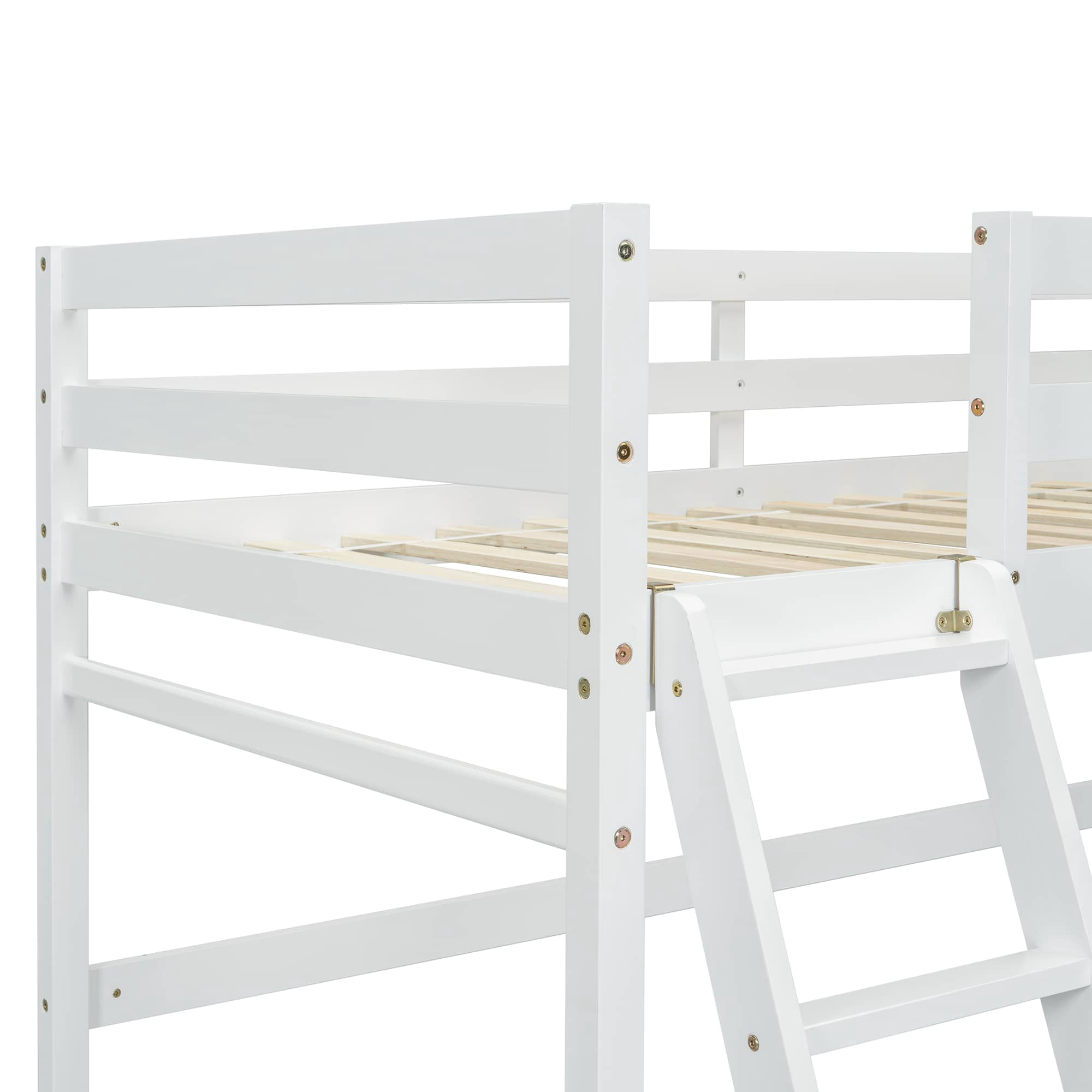 MAYEERTY Twin Size Loft Bed with Inclined Ladder, Guardrails, White