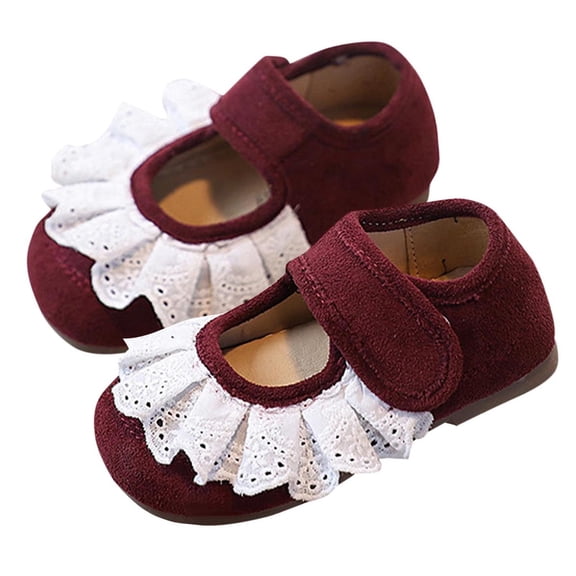 Gpaecead Girls Lace Ruffle Princess Bean Shoes Rubber Soft Sole Hook And Loop Mary Jane Flats For School Daily Casual, Burgundy
