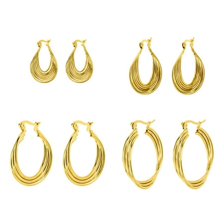 JeenMata 4 Pairs Mixed Size Overlap Multi-Loop Hoop Fashion Earrings - Yellow Gold Plated Earrings - Affordable Jewelry Set