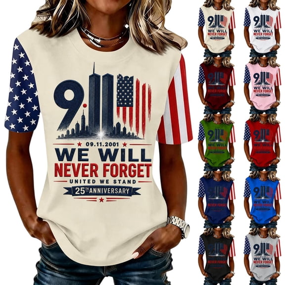 Women's 911 25th Anniversary Tshirt, American Flag Shirt Round Neck Short Sleeve T-Shirt, 911 Memorial Patriotic We Will Never Forget Tee