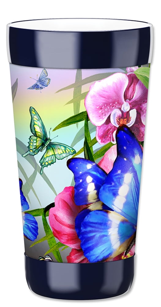 Mugzie brand 16-Ounce Travel Mug with Insulated Wetsuit Cover Green Butterfly
