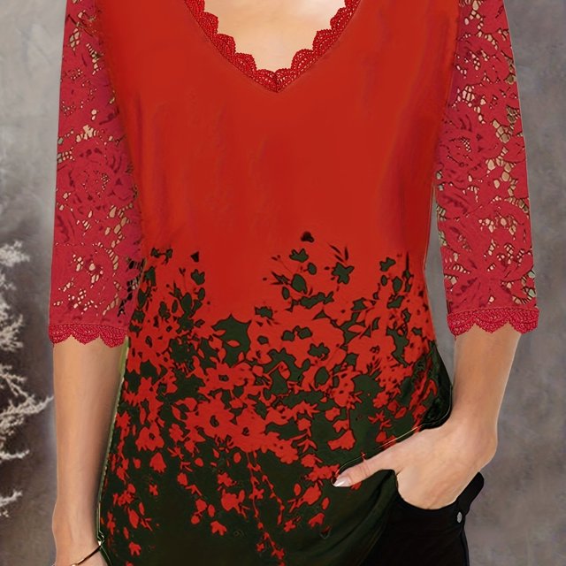 Camiseta De Encaje En Contraste Con Estampado Floral, Camiseta De Media Manga Con Cuello En V, Camisetas Casuales Para Todos Los Días, Ropa De Mujer