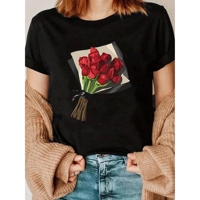 Valentines Day Sweatshirt Spring Long Sleeve Valentines Tops For Love Heart Crew Neck Graphic Pullover Print Crew Neck T-Shirt, Women Graphic T Shirts, Casual Short Sleeve T-Shirt For Spring & Summ