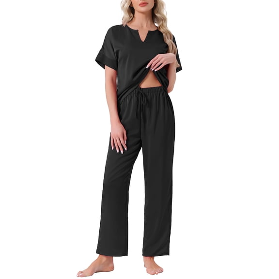 DARING DIVA Satin Pajamas Silky Short Sleeve V Neck Shirt Long Pant Set S Black