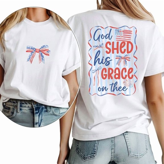 God Shed His Grace On Thee 4th of July 2 Sided Print T Shirts Patriotic Christian Daily Outfits popular round-neck retro Tops White,2XL
