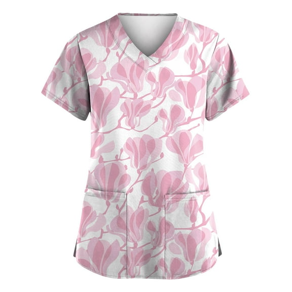 Floral Print Women's V-Neck Scrub Top with Pockets Comfortable, Breathable, Durable Uniform