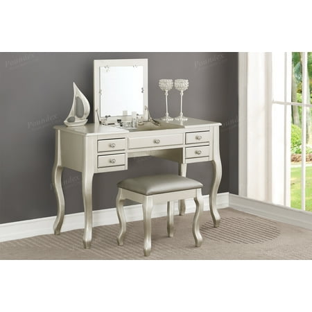 Foremost Cherry Vanity - Poundex F4145 Bobkona Cailyn Flip Up Mirror vanity Set with Stool in Silver