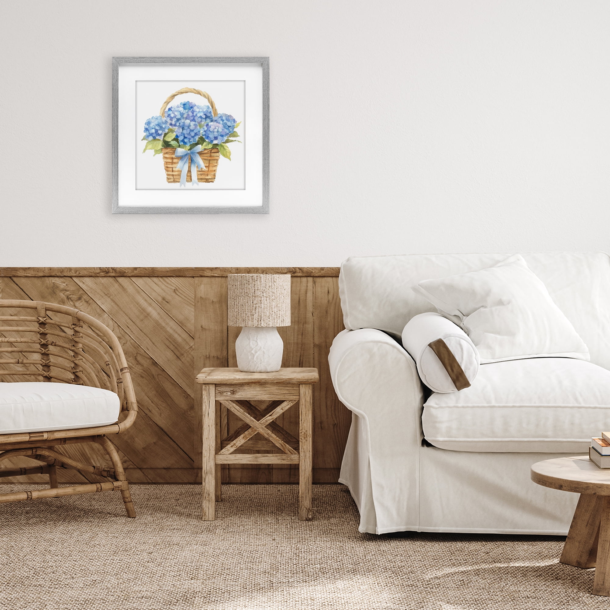 Stupell Industries Pretty Blue Hydrangea Picnic Basket Gray Framed Print Under Glass, design by Petal Prints Design
