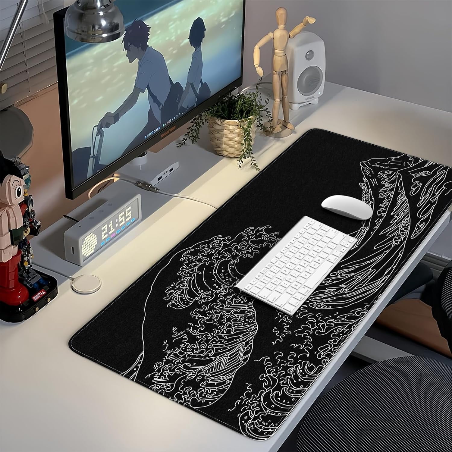 Desk Mat Pad, Gaming Mouse Pad,XL Large Mouse Pad for Desk Rubber Base Mousepad with Stitched Edges,Keyboard Mouse Mat for Work,Game, Office, Home - Black Wave of Kanagawa