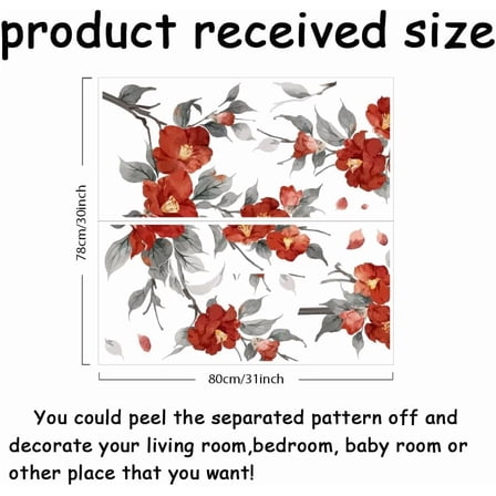 Red Flowers Wall Decals Branches Flowers Wall Stickers Peel and Stick Decal Wall Art Home Wall Decor for Bedroom Living Room Wall Decoration