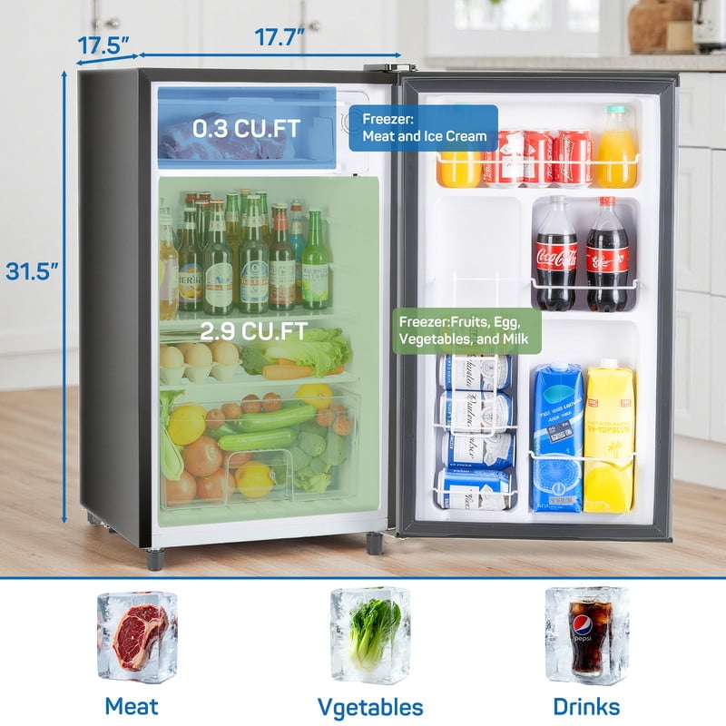 Sybels 3.2 Cu.Ft Mini Fridge with Freezer, Compact Single Door, Adjustable Thermostat & Low Noise, Perfect for Bedroom, Dorm, Office, Black