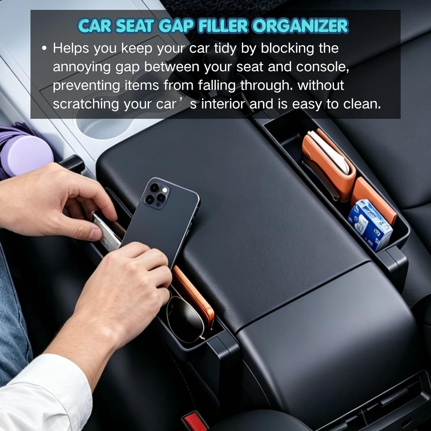 AUEOTUAR Carbon Fiber 3-in-1 Steering Wheel Tray Table & Car Seat Gap Filler Organizer | Foldable Adjustable Desk for Laptop, Eating & Work | Universal Car Office Accessories for Drivers, Women & Men