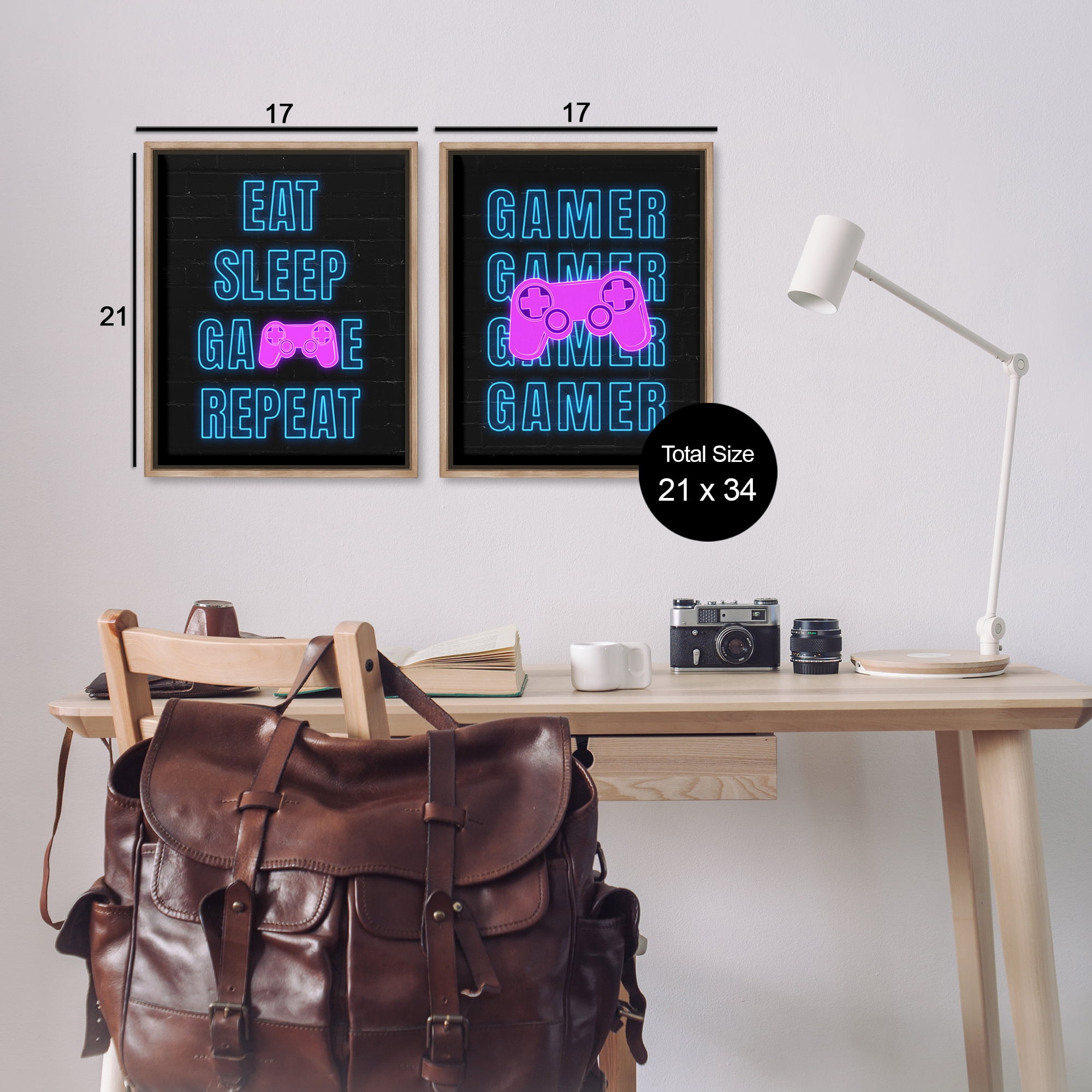 Stupell Industries Neon Gamer Eat Sleep Entertainment Painting Brown Floater Framed Canvas Art Print Wall Art, 17 x 21, Set of 2