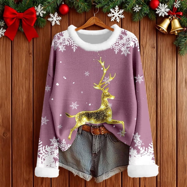 MHFRRA Camiseta de Manga Larga con Cuello, Estampado Festivo, Blusa Suave y Acogedora con Cuello Redondo para Atuendos de Fiesta de Temporada. Púrpura Claro
